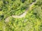 Stunning aerial drone view of a windy road route 12 leading through Waipoua Kauri Forest