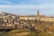 Stunning aerial panorama view of Fribourg Freiburg old town skyline with Fribourg Cathedral in middle from Chapelle St. Jost on