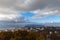 Stunning aerial panorama view of Lausanne cityscape with Lake Geneva Lake Leman in background from top of  Sauvabelin Tower on a