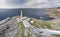 Stunning aerial shot of Ardnamurchan Point, Great Britains most westerly point, with lighthouse and the beautiful white