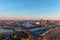 A stunning aerial shot of the the buildings in the cityscape along Wolf Creek Harbor with a glass pyramid