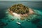A stunning aerial shot of a small island surrounded by crystal clear waters, with a lone boat anchored nearby. The island is