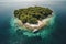 A stunning aerial shot of a small island surrounded by crystal clear waters, with a lone boat anchored nearby. The island is