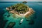 A stunning aerial shot of a small island surrounded by crystal clear waters, with a lone boat anchored nearby. The island is