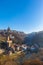 Stunning aerial view of Bern Bridge, Bern Gate, Gotteron Bridge with river, Sarine river flowing in the valley on a sunny winter