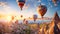 A stunning aerial view of a group of hot air balloons gracefully soaring over a picturesque valley, Majestic hot air balloons