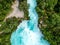 Stunning aerial wide angle drone view of Huka Falls waterfall in Wairakei near Lake Taupo in New Zealand