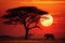 Stunning african savannah sunset. captivating wildlife in a tapestry of golden skies