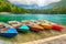 Stunning alpine landscape and colorful boats,Lake Fusine,Italy,Europe