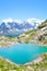 Stunning Alpine landscape with turquoise Lake Blanc, Lac Blanc photographed on a clear summer day. Mont Blanc and other high