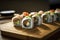 A stunning array of sushi rolls featuring a variety of fillings such as salmon, avocado, and crab. (Generative AI)