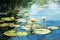 A stunning artwork capturing the peacefulness of water lilies floating in a pond, A peaceful scene of abstract lily pads floating
