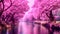 This stunning artwork depicts a serene river flowing amidst a tranquil forest of lush trees, Cherry blossom trees in full bloom