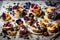 A stunning assortment of sweet baked cream edible flowers and fruit dessert cakes,