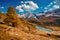 Stunning autumn scenery of Swiss Alps with Leisee Lake on popular hiking route 5 Lakes Walk. Zermatt, Switzerland