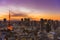 Stunning bird`s-eye view of the iconic Tokyo tower against a beautiful pink and orange colored sunset.