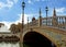 Stunning bridge and balustrade decorated with ceramic tiles Plaza de Espana square in Seville, Spain