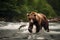 Stunning brown bear catching salmon fish. Amazing wildlife. Generative Ai