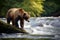 Stunning brown bear trying to catch salmon fish in natural habitat. Amazing wildlife. Generative Ai