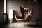 stunning brown leather chair with high back, armrests and chrome legs in minimalist interior