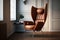 stunning brown leather chair with high back, armrests and chrome legs in minimalist interior