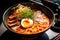 Stunning capture of a spicy kimchi ramen bowl topped with tender slices of pork, bean sprouts, and a boiled egg