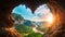 A stunning cave provides a breathtaking view of a flowing river and towering mountains in this captivating photograph, Heart-