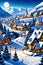 A stunning christmas village with snow, mountain, moon, house, post card design, cartoon, fantasy art