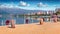 Stunning cityscape of Coastal Pogradec town with snowy mountain range on background.