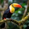 A stunning close-up of a brilliantly colored toucan perched on a tree branch