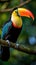 A stunning close-up of a brilliantly colored toucan perched on a tree branch