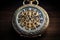 A stunning close-up image of a timeless pocket watch placed on a table, showcasing its intricate design and elegance, Antique