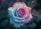 Stunning close-up of a multicolored rose with dew drops