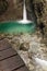 Stunning close up of turquoise waterfall kozjak in canyon, slovenia