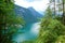 Stunning colorful waters of Konigsee known as Germany`s deepest and cleanest lake, located in Berchtesgadener National Park, Uppe