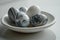 Stunning composition of black and white marble patterned easter eggs on a white plate