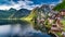 Stunning dawn at mountain lake in Hallstatt, Alps, Austria