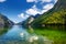 Stunning deep green waters of Konigssee, known as Germany`s deepest and cleanest lake, located in the extreme southeast Berchtesg