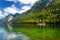 Stunning deep green waters of Konigssee, known as Germany`s deepest and cleanest lake, located in the extreme southeast Berchtesg