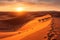 A stunning desert landscape image featuring the golden dunes of the nearby Sahara Desert, with a camel caravan in the distance,