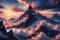 A stunning digital depiction of a mountainous sunset scene in a cloudy enviroment