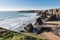 Stunning dusk sunset landscape image of Bedruthan Steps on West