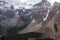 Stunning early morning view on the Consolation Lakes hike, of the Wenkchemma Range in the Valley of Ten Peaks with a glimpse