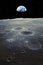 A stunning Earthrise over the moon\\\'s surface, as our planet emerges from the dark starry background. Copy space, vertical,