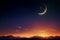 A stunning evening sky with crescent moon, star, and Arabic text