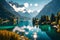 Stunning Fairy-tale mountain lake in the Alps. vivid scenery. Panoramic view of Alps with lake and stunning mountain scenery