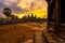 Stunning fiery sunrise at Angkor Wat temple in the morning with orange light and moving cloud