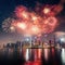 A stunning fireworks display lighting up the night sky above a city skyline