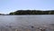 Stunning footage of a vast blue rippling lake surrounded by lush green trees and blue sky with waves rolling over the rocks