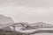 Stunning Fredvang bridge, image in dramatic colors and purposely intentionally grainy blurred, Lofoten Islands, Norway